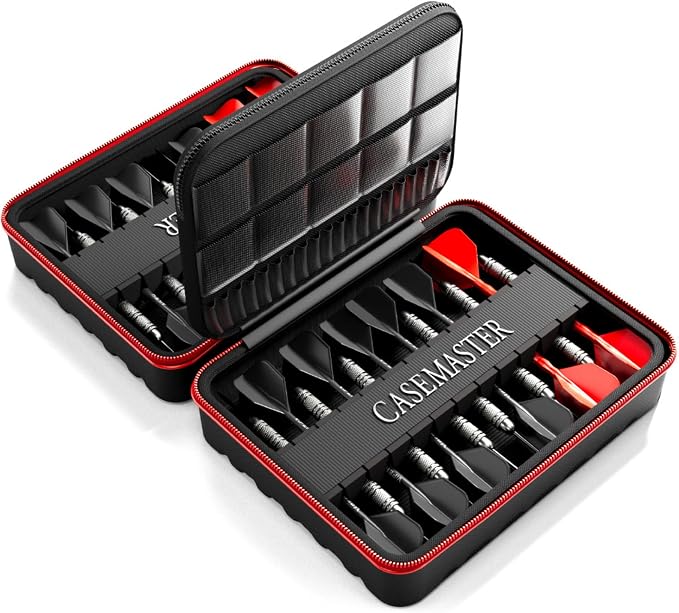Casemaster Maxx 8 Dart Case, Holds 24 Steel Tip or Soft Tip Darts Fully Assembled, Hard Shell EVA Darts Case, 20 Accessory Pockets, Red