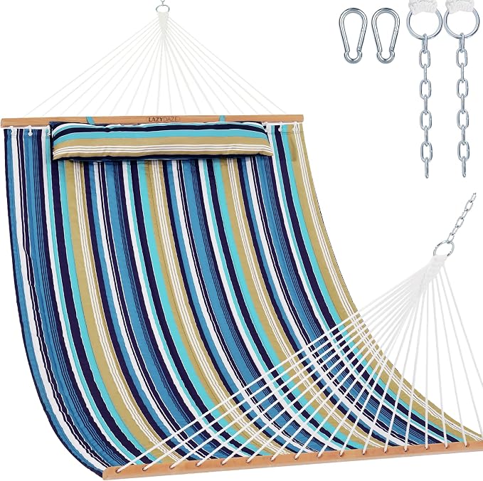 Lazy Daze Hammocks 12 FT Quilted Fabric Double Hammock with Spreader Bars and Detachable Pillow, 450lbs Weight Capacity