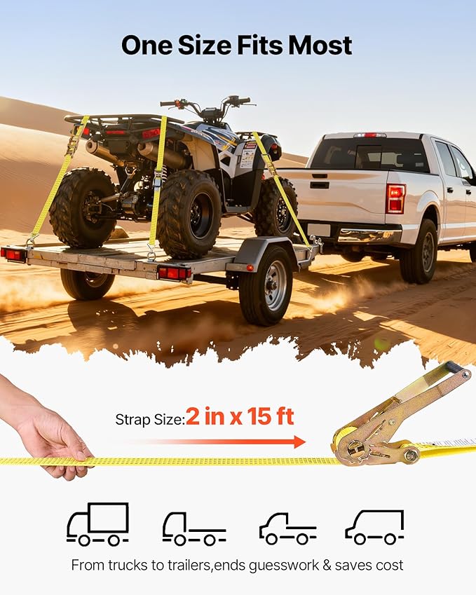 VEVOR 6 Pack 2’’ x 15’ Ratchet Straps Heavy Duty Tie Down with Double J Hook, 5000 lbs Break Strength, Carry Bag, Tie Down Ratcheting for Moving, Trailers, Motorcycles, Kayaks, Car Roof