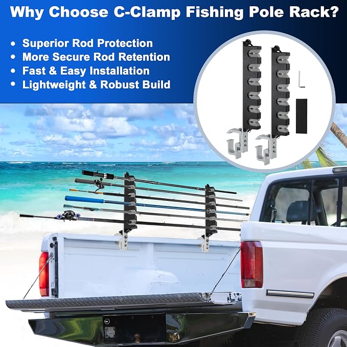 2x Aluminum Fishing Rod Holder for Truck Bed, 6 Rods Capacity, Stable C-Clamp Mount, Fishing Pole Storage Rack Holder for Truck Pickup Boat, Horizontally or Vertically Place