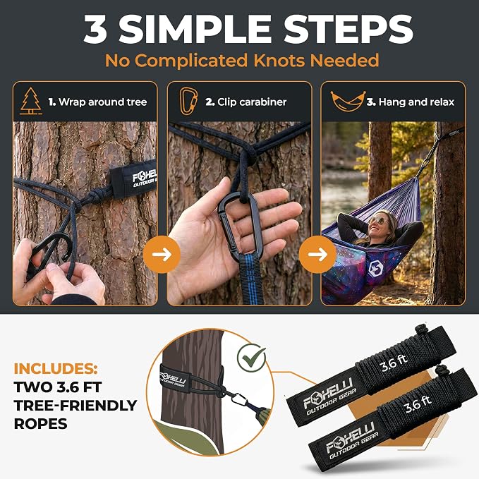 Foxelli Camping Hammock – Ultralight Hammock for Backpacking, Hiking, Festivals, Travel - Easy Setup with Tree-Friendly Ropes & Steel Carabiners, Heavy Duty Parachute Nylon