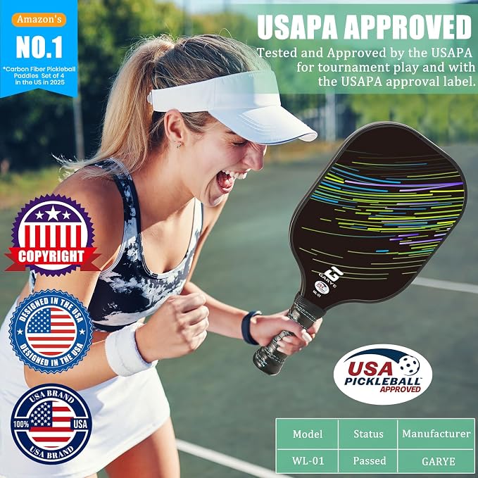 GARYE Pickleball Paddles Set of 2 or 4, USAPA Approved Carbon Fiber Pickleball Set, Lightweight Pickle Ball Rackets 2 Pack with 6 Balls, 1 Bag, Pair of Grip Tapes, Pickle Ball Paddle for Men and Women
