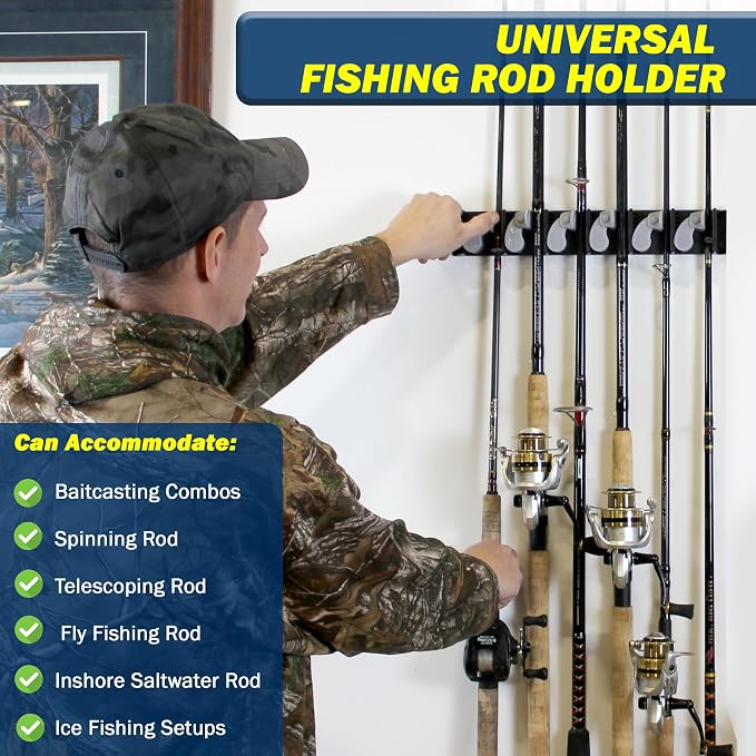 Rush Creek Creations 6-Rod Vertical Fishing Rod Holder for Garage, Heavy-Duty ABS Plastic Wall Mount Fishing Rod Rack, Securely Holds up to 6 Rods or Combos