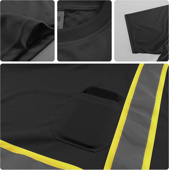 W&H Hi Vis Safety Short Sleeve Shirts Class 2 Reflective Birdeyes Fast Dry Breathable with Black Base for Work