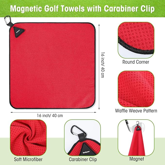 Batiyeer Magnetic Golf Towel Bulk 16" x 16" Microfiber Fabric Towels with Clip Waffle Absorbent Strength Magnet Golf Accessories Ball Cleaner for Carts Men