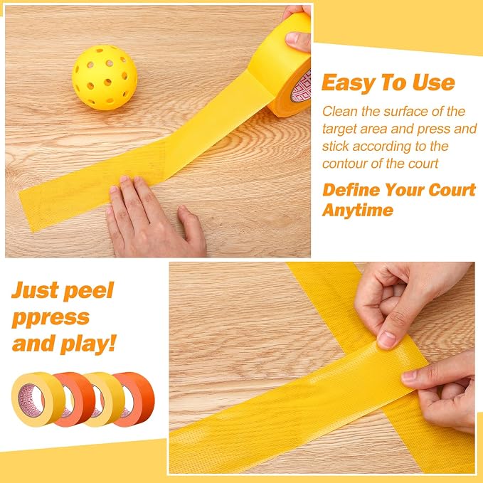 4 Pcs Pickleball Court Tape, 2in x 656 ft Tape for Outdoor Indoor Court Temporary Lines Marking Kit for Basketball Games Activities, Orange and Yellow