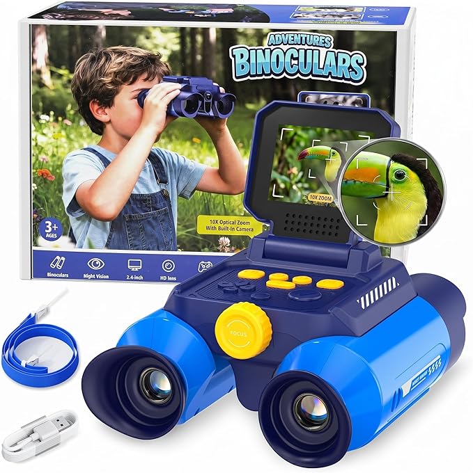Kids Binoculars with Night Vision Camera, 10X Zoom Digital Adventures Telescope with 2.4" IPS Screen, Nature Explorer STEM Toys for Bird Watching Camping, Gifts for Boys Girls Age 4-12 - Blue