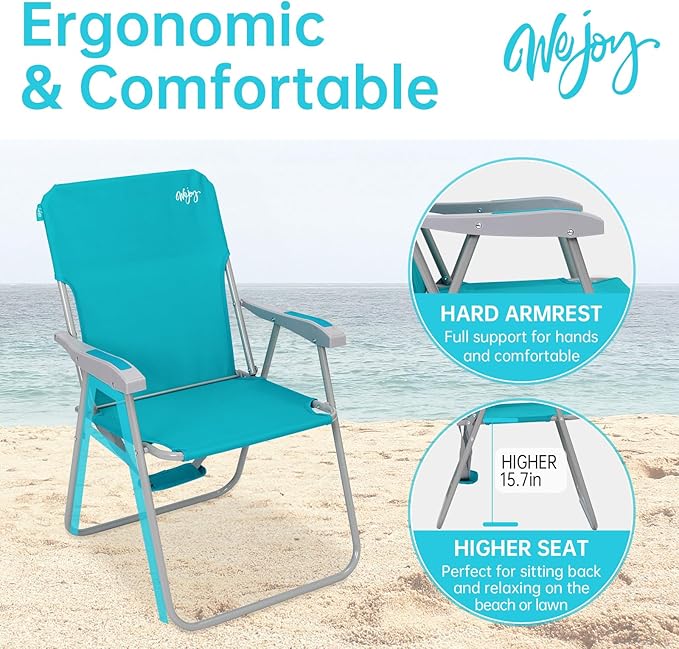 #WEJOY Folding Beach Chair for Adults, Lightweight Beach Chair with Shoulder Straps, High Back Camping Chairs with Hard Armrest, Supports 300lbs for Outdoor Lawn Concert