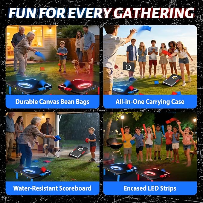 LED Cornhole Board Set, Light-Up and Travel Cornhole Boards Games Set, Corn Holes Outdoor Game, Corn Hole Game Set w/ 2 Boards, 8 Beans Bags for Backyard, Beach, Lawn