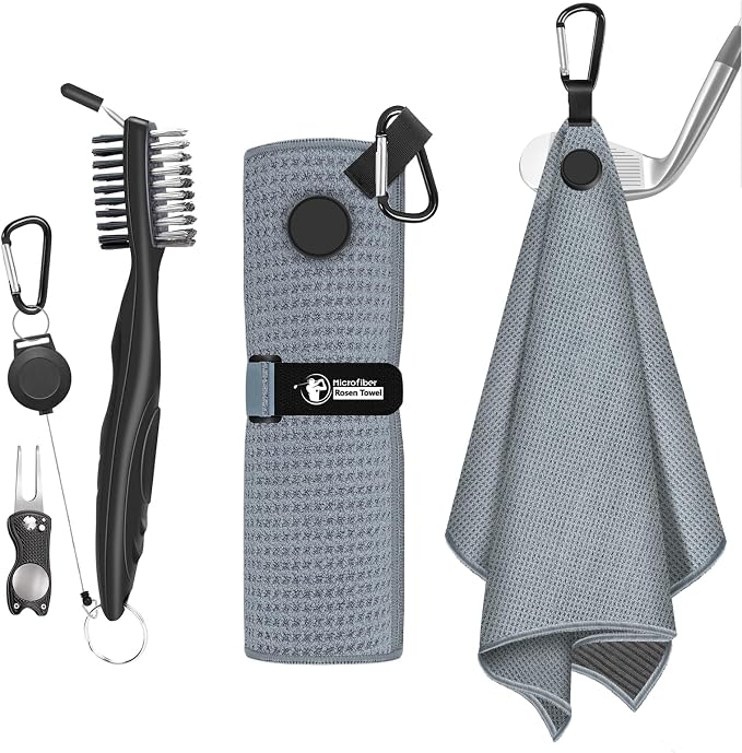 Golf Towel, Magnetic Golf Towel with Brush and Divot Tool, Microfiber Waffle Pattern with Clip for Men, Industrial Strength Magnet for Strong Hold to Golf Bags, Carts or Clubs (Gray)