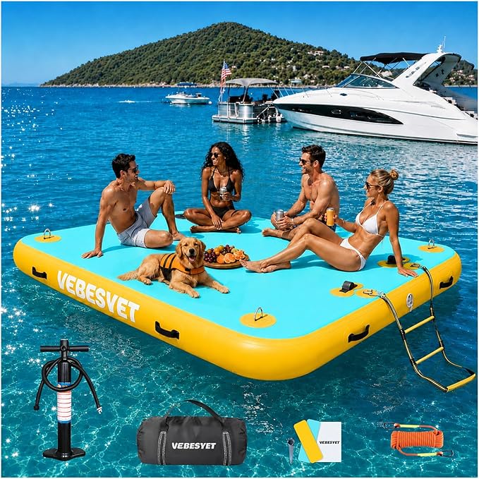 Inflatable Dock with Water Ramp, 6 inch Thick Non-Slip Inflatable Floating Dock for Dogs & Adults, Durable Drop-Stitch Floating Dock Platform for Lake, Ocean, Swimming & Fishing