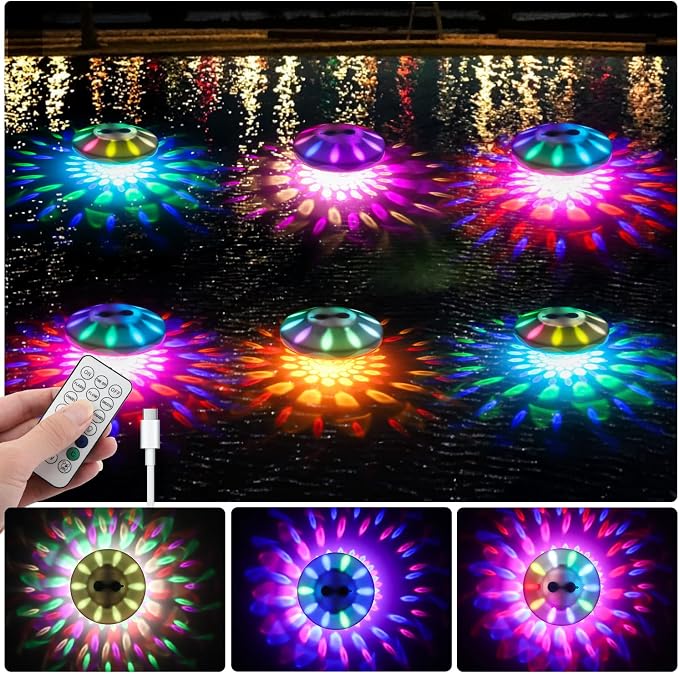 QOLNBY Floating Pool Lights(6 Pack), Pool Lights with 6 Dynamic Lighting Effects, IP68 Waterproof Underwater Light that Float, Rechargeable RGB Upper and Lower Color Changing Light for Inground Pool