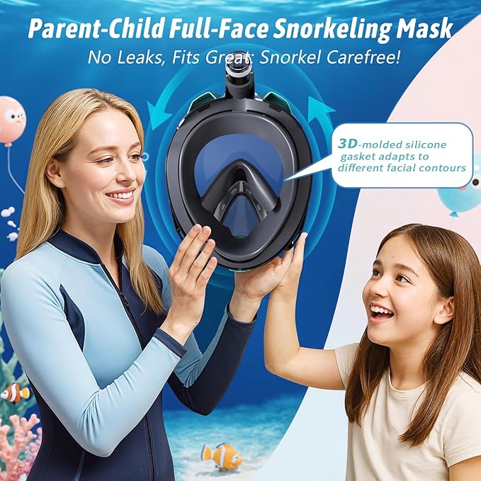Greatever G2 Adults Kids Full Face Snorkel Mask 2 Pcs,Snorkeling Gear with Latest Dry Top System,Foldable 180 Degree Panoramic View,Safe Breathing,Anti-Leak&Anti-Fog Snorkeling Mask with Camera Mount