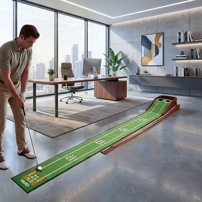Golf Putting Green Indoor - Practice Uphill Putts, 3-Level Adjustable Incline, Auto Ball Return and Foldable Solid Wood Base, Golf Training Aid for Home, Office, Backyard - Golf Putting Mat
