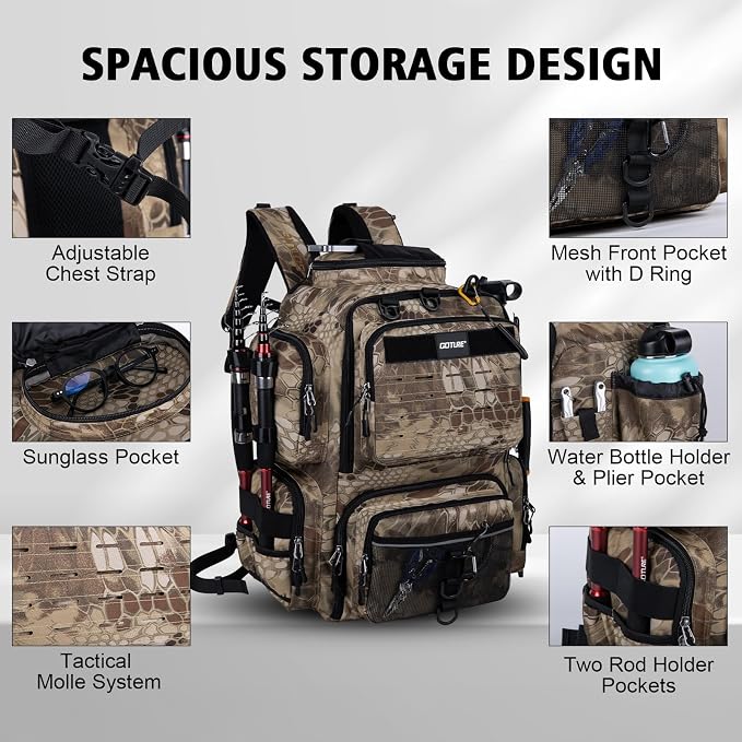 Goture Fishing Backpack with 4 Tackle Boxes,900D Water-Resistant Tackle Backpack with Rod Holders,SBS Zippers,45L Large Tackle Storage Gear Bag with Rain Cover,Bottle Holder for Travel Camping Hiking