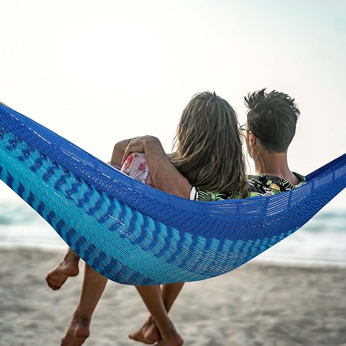 Lazy Daze Hammocks Handwoven XL Mayan Hammock, 10.5 FT Soft Rope Double Hammocks, Portable Outdoor Hammock with Carry Bag, 2 Straps & Carabiners for Patio Outside, 550 lbs Capacity, Blue/Dark Blue