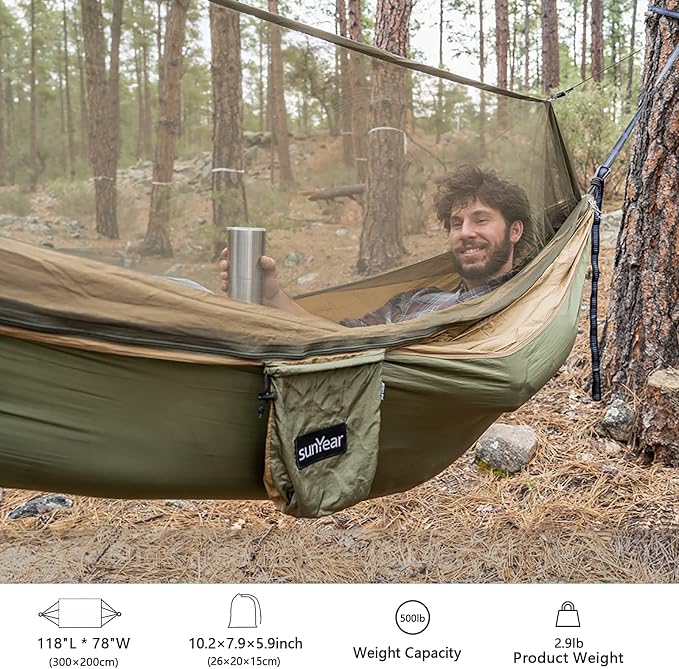 Sunyear Hammock Camping with Rain Fly Tarp and Net, Portable Camping Hammock Double Tree Hammock Outdoor Indoor Backpacking Travel & Survival, 2 Tree Straps,100% Waterproof