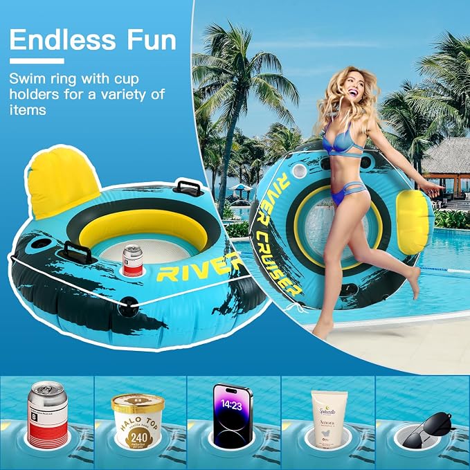 River Tubes for Floating Heavy Duty Inflatable Floating Lounger Premium River Water Rafts Pool Float with Cup Holder Above Lake for Adults