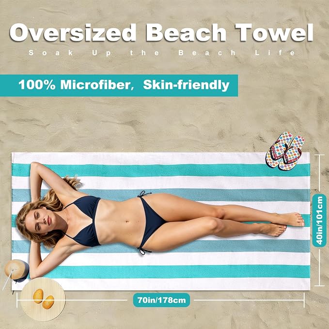 Jessy Home 4 Pack Striped Oversized Beach Towel Set, 40x70 Inch Microfiber Sandproof Quick Dry Super Soft Swim Towels, Absorbent Stylish Pool Towels, Swim Cover Up for Beach Vacation Travel