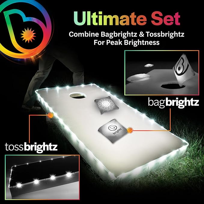 Brightz Cornhole Board Edge Lights with LED Bags - Includes 4-Pack of LED Cornhole Bags + TossBrightz Cornhole Board Edge Lights - The Ultimate Night Time Cornhole Master Set
