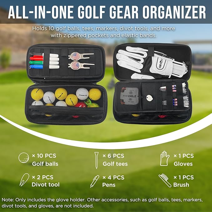 DURARANGE Golf Glove Holder Case with Glove Shaper - Portable Golf Accessories Organizer for Men & Women - Waterproof 900D Nylon, Large Capacity for Balls, Tees, Markers - Ideal Gift