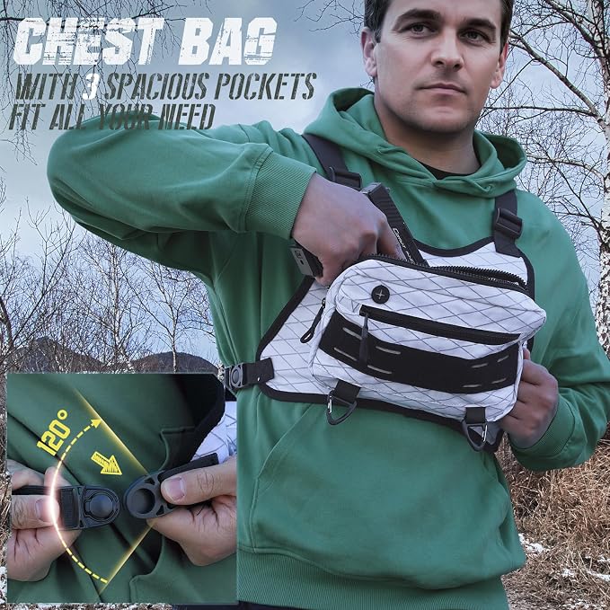 RXW Outdoor Sport Chest Rig for Men Women, Running Vest Bag with Pack Holster, Chest Pack Built in Phone Holder for Cycling, Camping,Travel, Hiking, Workouts, EDC（White）