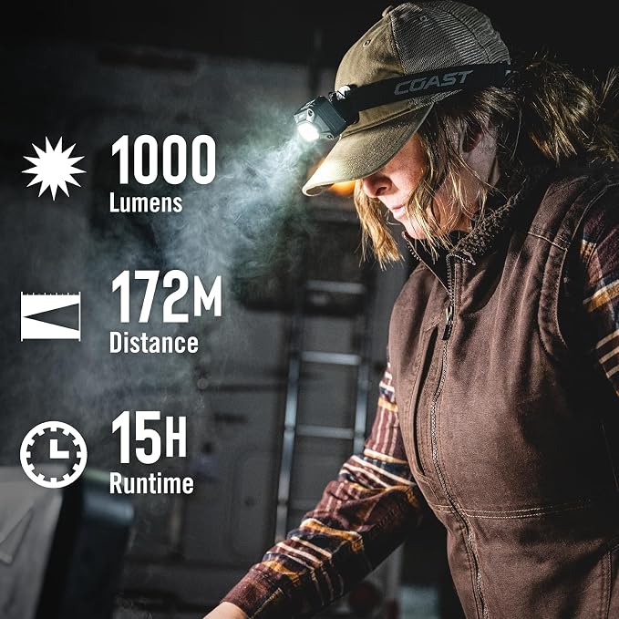 Coast FLX10R 1000 Lumen Waterproof USB-C Rechargeable LED Headlamp, Red & Green Light Modes, Flood & Spot, 2-Pack
