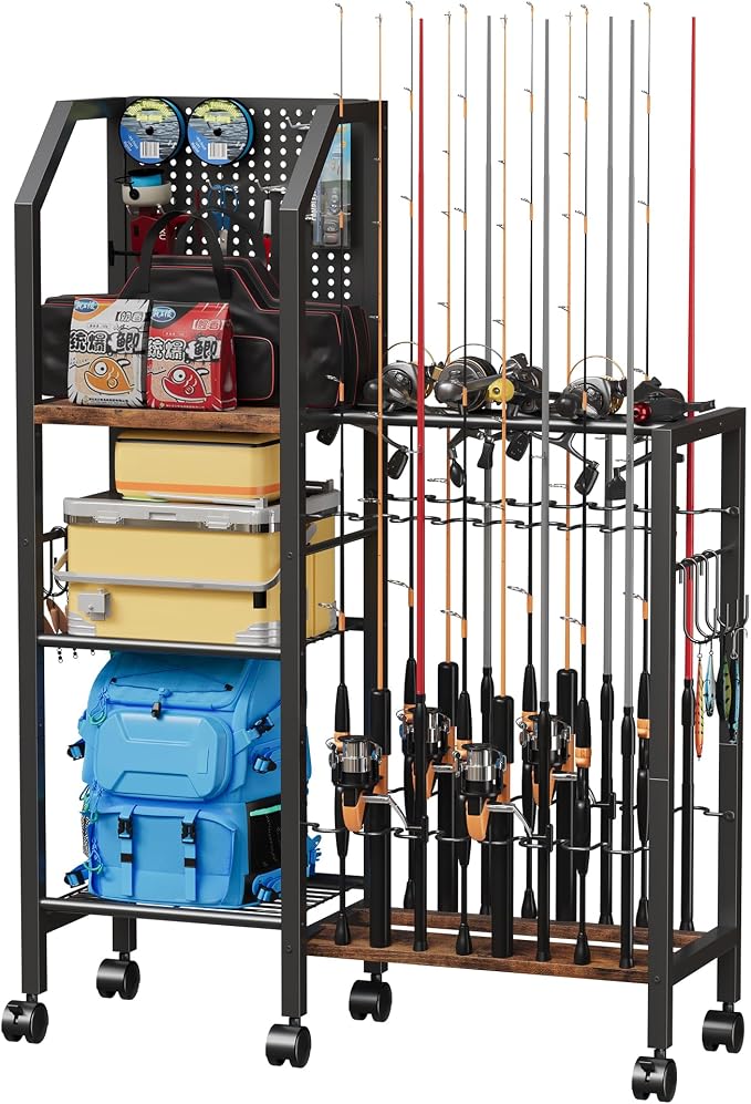 Fishing Rod Holders for Garage, Convenient Pegboard with 14 Long Utility Hooks, Fishing Rod Rack Up to 16 Rods, 3 Tier Fish Pole Stand with Fishing Reel Holders & 8 Hooks for Fishing Gear Accessories