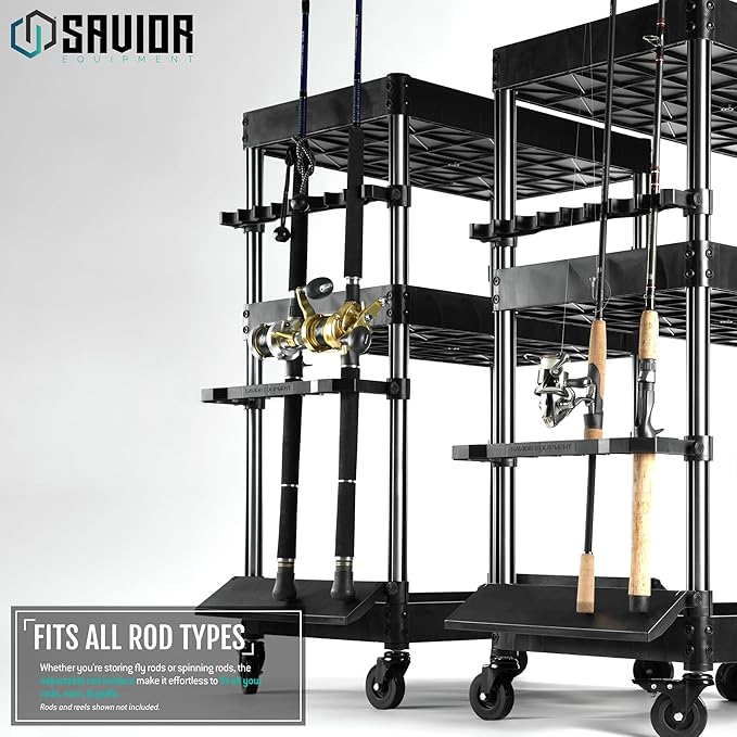 Savior Equipment Mobile Tackle Station 16 Fishing Rod Holder Cart w/Wheels, Adjustable Rack For Different Rod & Reel, 3-Level Fishing Gear Storage Pole Organizer For Garage Home Indoor Use, Black