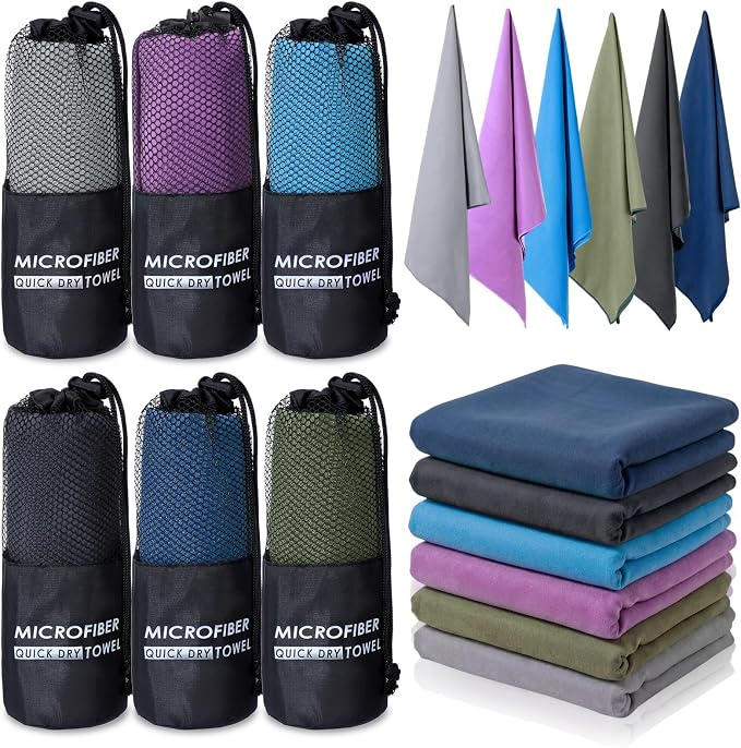 Mindsoft 6 Pack Large Microfiber Gym Towels, 47" x 20" Quick Dry Sweat Towels Super Absorbent Soft Fast Drying Towel Lightweight Towel for Workout, Camping, Backpacking, Beach, Swimming(Fashionable)