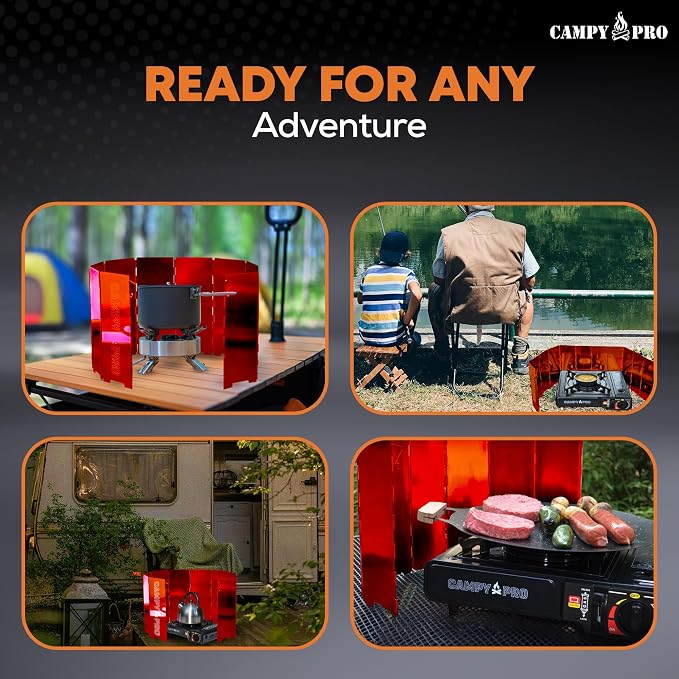 Red Camping Stove Windscreen, 12-Plates Premium Aluminum Wind Guard Shield, Foldable Portable Design with Storage Box, Heavy-Duty, Butane Burner Windshield for Outdoor Cooking