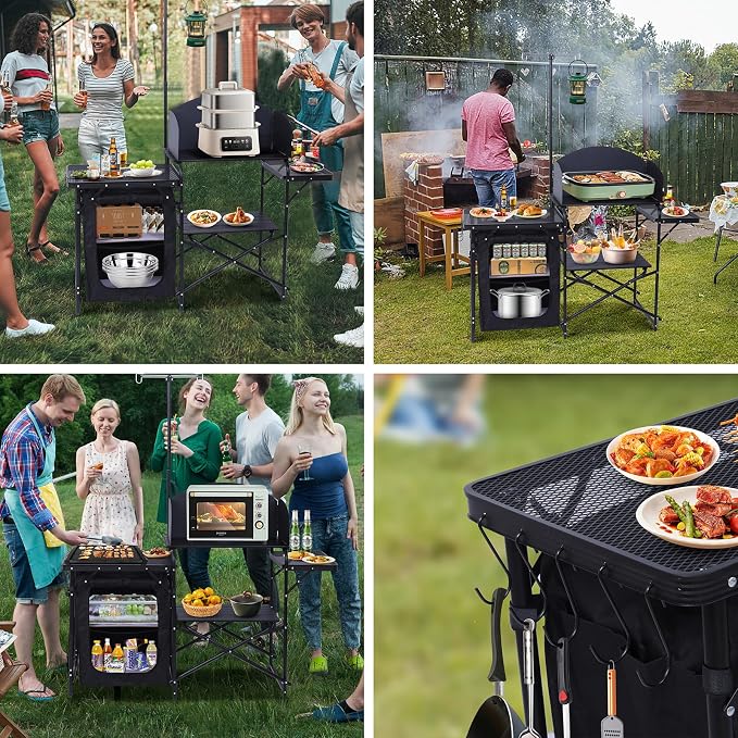 Nice C Camping Kitchen Station, Picnic Portable Grill Table, Folding Cook Station Organizers, with Upgrade Light Stand, Windshield, Carry Bag for Outdoor, Beach, Picnic (Black)