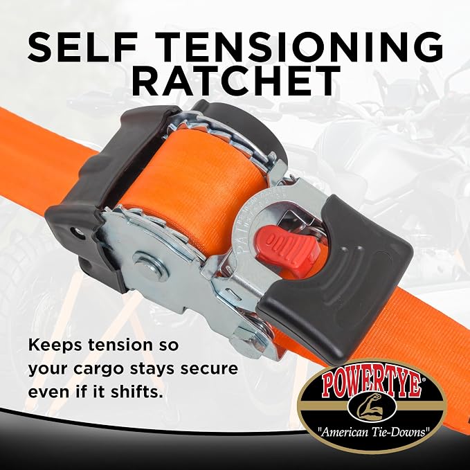 PowerTye - 2 inch x 10ft Long Retractable Ratchet Tie Down Strap with Latch-Hooks - Self-Retracting Ratchet, 800 lb W.L.L., Ideal for Motorcycle, ATV, Cargo, Includes Bag & Soft-Tyes, Black (Pair)