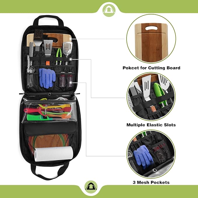 HODRANT Hanging Camp Utensil Organizer & Anti-oil BBQ Grilling Apron, Camping Kitchen Cookware Bag with Towel Paper Holder & Cooking Apron for Men & Women with Dual Shoulder Straps & Adjustable Buckle
