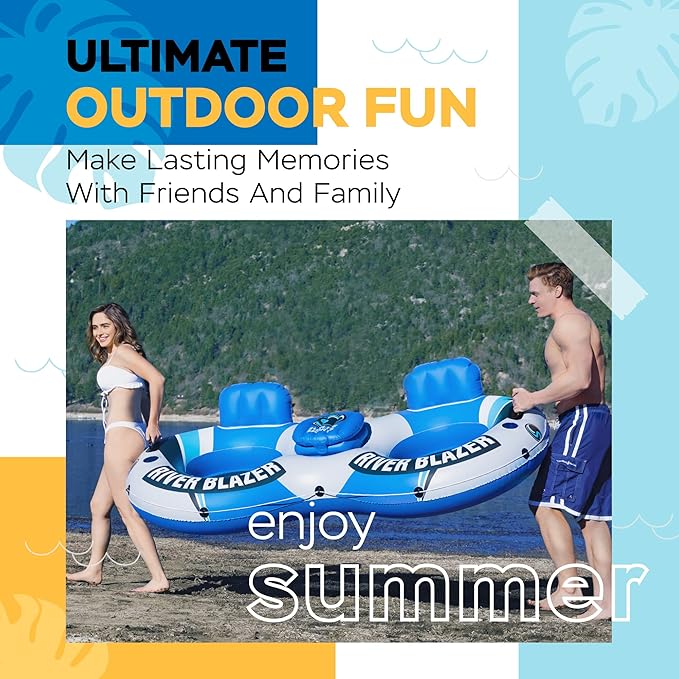 Sunlite Sports Inflatable River Tube Float with Built in Cooler - Heavy Duty River Float Pool Floats Lake Premium Water Tubes for Floating Recreational River Raft Lounge Floaties with 2 Cup Holders