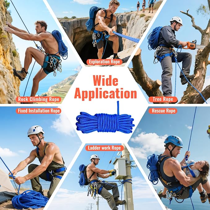 10.5mm Static Climbing Rope - 32FT Rock Climbing Rope for Adults & Kids, Outdoor Heavy Duty Rappelling Ropes for Fire Rescue, Escape, Ice Climbing, Parachute, Caving - Blue