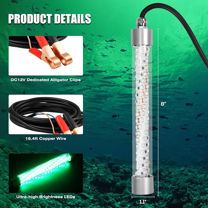 HUSUKU FS0-1 Underwater Green LED Fishing Light with Power Clamp 12V, 100W 10,000LM / 16.4ft Cord Night Fishing Lights, IP68 Submersible Fish Lamp Attractor for Snook Crappie Squid Shrimp