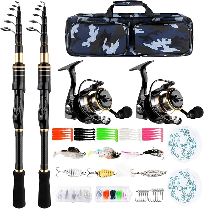Carbon Fiber Telescopic Fishing Rod Reel Combo with Compact Carrier Bag | Portable Collapsible Spinning Pole Reel Kit Fishing Gear Set Travel Fishing Rod Kit Fishermen Gift for Freshwater Saltwater