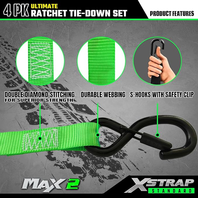 XSTRAP STANDARD 4PK Motorcycle Ratchet Straps, 1" x 15ft, 2,200 lbs Break Strength Tie Down Straps with Safety Lock S-Hooks, Soft Loop Straps and Stickers for Trucks, Cargo, Moving (Green)