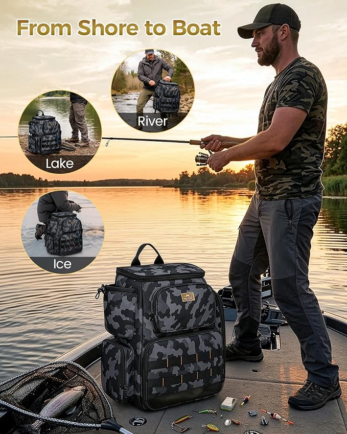 MATEIN Pro Fishing Backpack with 4 Tackle Boxes, 3600 Tackle Box Backpack | Fishing Bag with Rod Holder, Tackle Backpack with Large Side Gear Storage & Insulated Cooler Compartment, Fishing Gifts