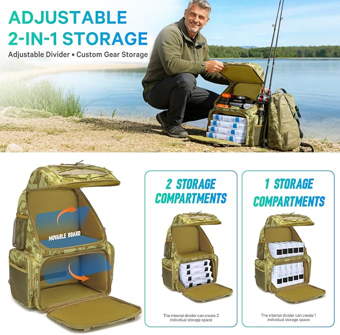 RUCYEN Fishing Backpack, 45L Large Cooler Fishing Tackle bag with Rod Holders & Rain Cover, Water-resistant Store Gear (Khaki Camo)