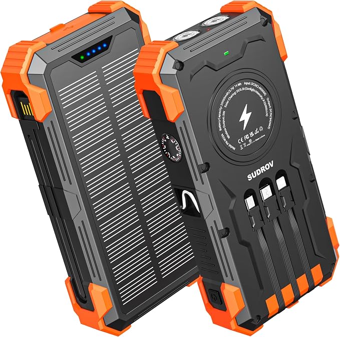 Solar Power Bank 20000mAh with Built-in 4 Cables, Wireless Portable Charger USB-C 3A Fast Charging for iPhone Samsung, Battery Pack with Flashlight, Thermometer, Solar Charger for Camping Travel