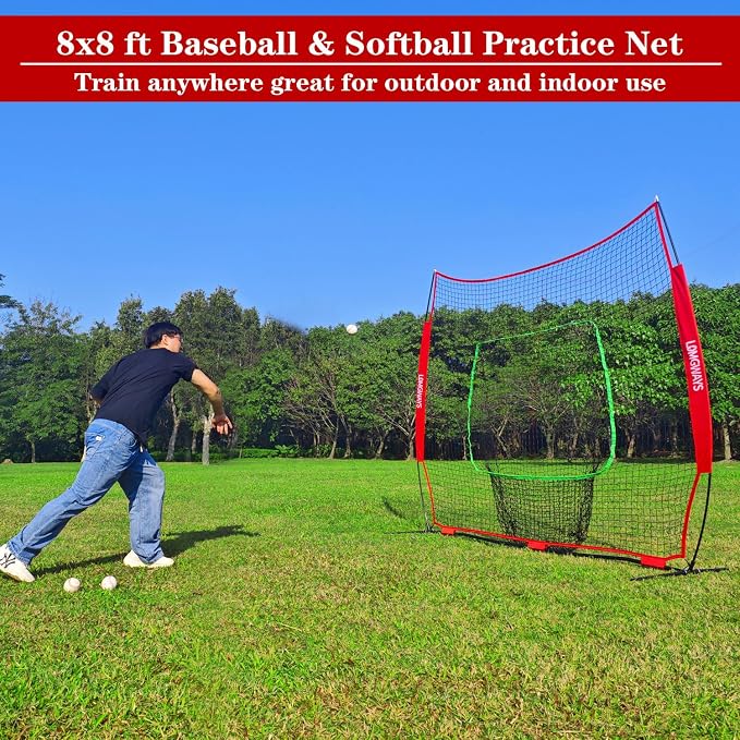 7x7ft/8x8ft Baseball Softball Net with Steel Frame for Batting, Hitting, Pitching, Portable Baseball Batting Net with Carry Bag, Great for All Levels