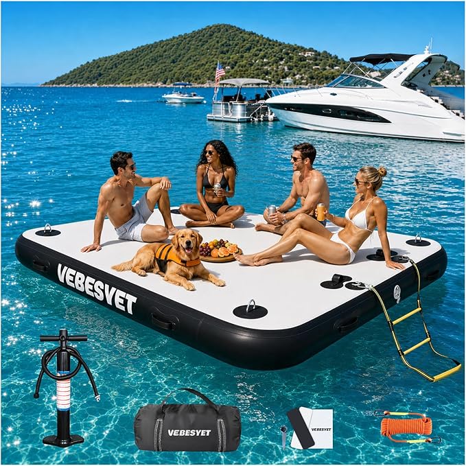 Inflatable Dock with Water Ramp, 6 inch Thick Non-Slip Inflatable Floating Dock for Dogs & Adults, Durable Drop-Stitch Floating Dock Platform for Lake, Ocean, Swimming & Fishing
