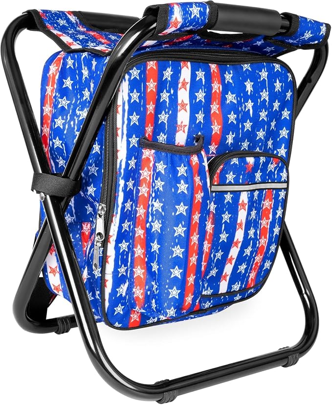 Kikerike Backpack Stool Cooler Chair Heavy Duty 300 LBS Max Load Portable Lightweight Stool Backpack Folding Fishing Cooler Seat for Camping Hunting Fishing - American Flag
