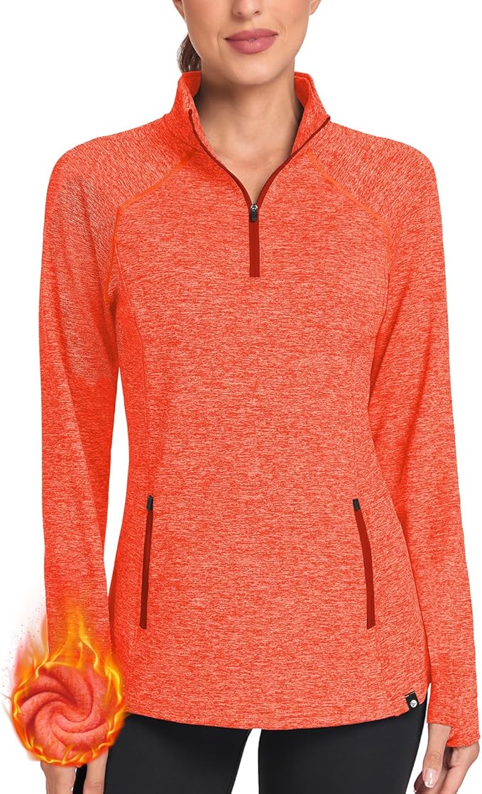 Soneven Women's Thermal Fleece Running Shirts Warm Winter Pullover Cold Weather Workout Hiking Tops with Thumb Holes Pockets