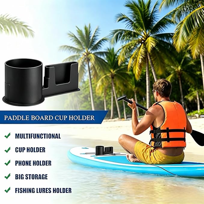Paddle Board Cup Holder, Kayak Cup Holder, 2 in 1 Drink & Phone Holder, Paddle Board Accessories & Kayak Accessories for SUP, Canoe, Surfboard and Boat（Black）