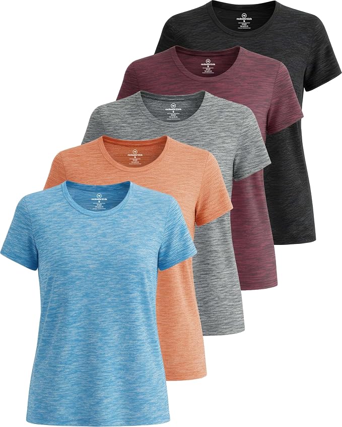 Real Essentials 5 Pack: Women's Short Sleeve T-Shirts Workout Tops Fitness Pilates Gym Activewear Athletic (Plus Available)