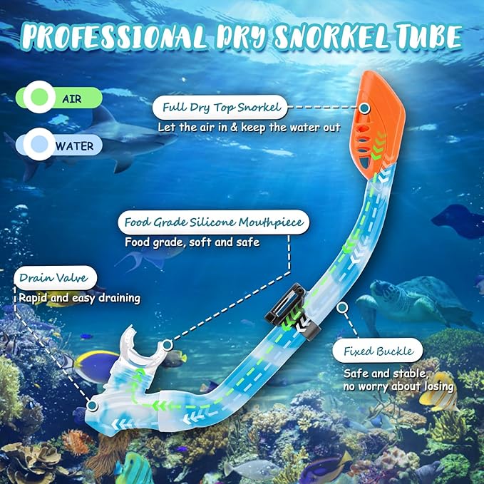 Snorkeling Gear for Kids, 4 in 1 Child Mask Fins Snorkel Set with Panoramic View Anti Fog Mask, Dry Top Snorkel, Trek Fins and Travel Bag, Kids Snorkeling Set with Fins for Snorkeling Swimming