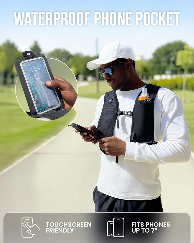 Running Vest for Women Men-Reflective Running Hydration Vest with 500ml Soft Water Bottle, Phone Holder, 2 LED Lights USB Rechargeable-7 Pockets Runners Backpack Marathon